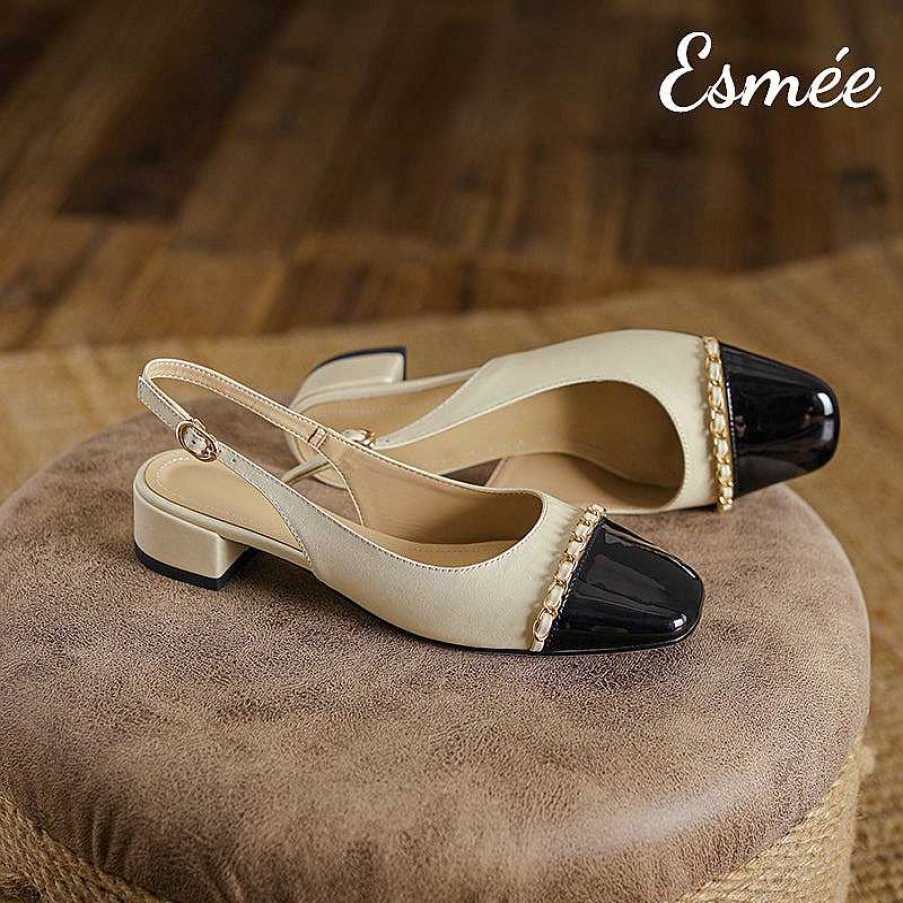 Shoes Esmée | Leather Slingback With Black Toe Cap And Chain Design