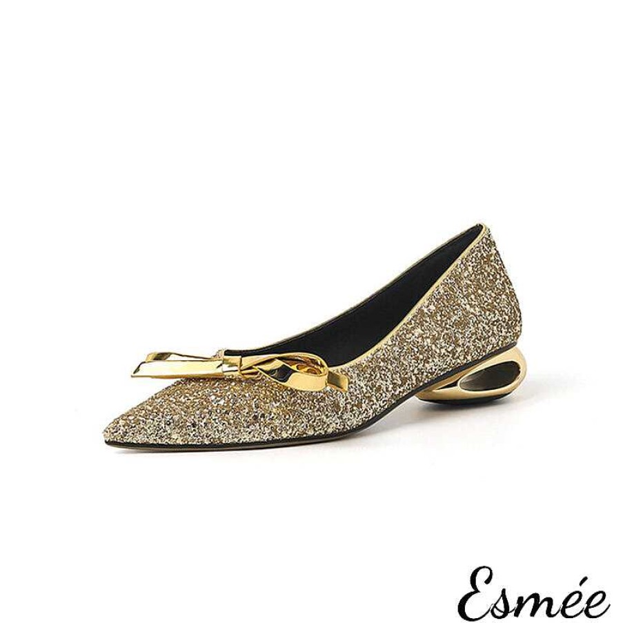 Shoes Esmée | Glitter Low Heels With Bow Knot And Special Designed Heels