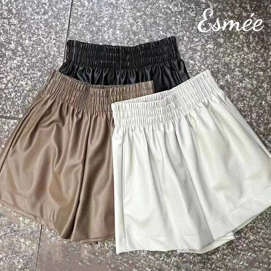 Clothing Esmée | Korean Synthetic Leather Short Pants With Ribbon Band