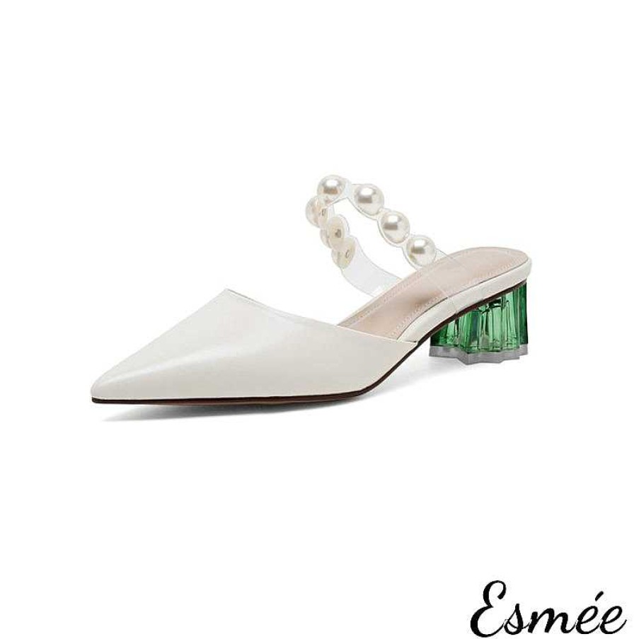 Shoes Esmée | Leather Pointed Toe Mules With Pearl Straps And Crystal Heels