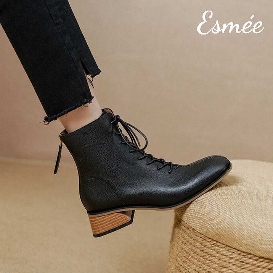 Shoes Esmée | Leather High Heel Marten Boots With Round Toe Design