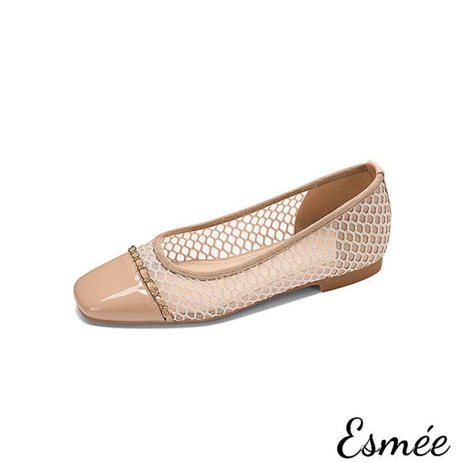 Shoes Esmée | Net Fabrics Flats With Patent Leather Toe Cap And Chain Design