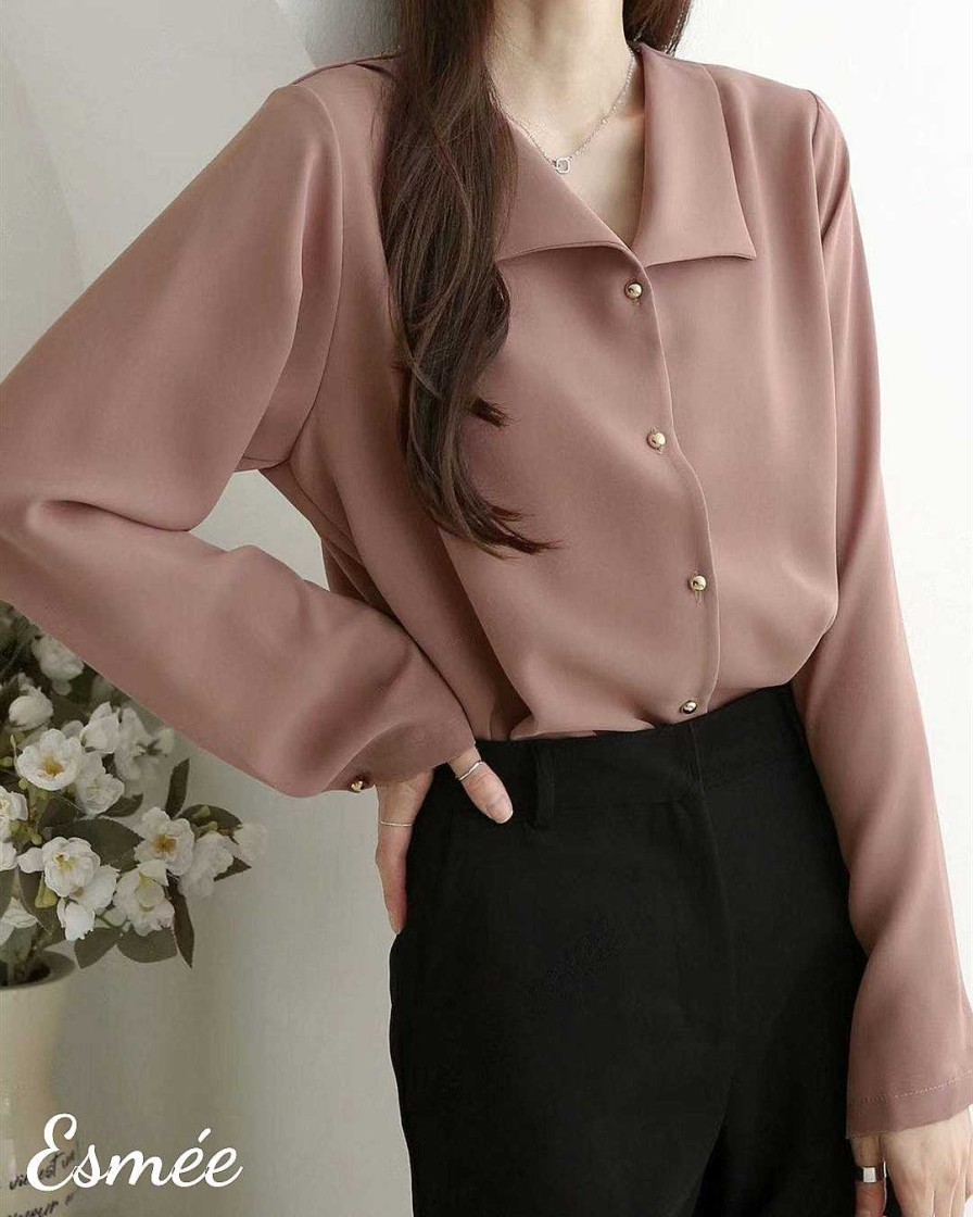 Clothing Esmée | Korean Chiffon Shirt With Golden Button