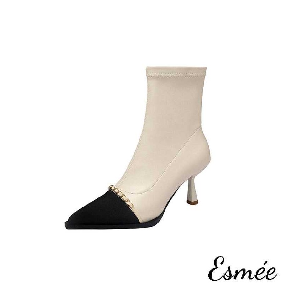 Shoes Esmée | Leather High Heel Ankle Boots With Pointed Toe Cap And Chain Des