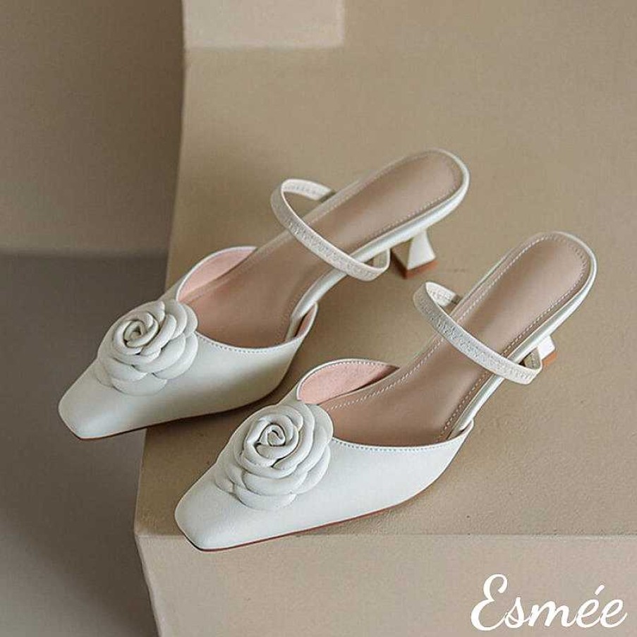 Shoes Esmée | Leather High Heel Mules With Rosebud Design