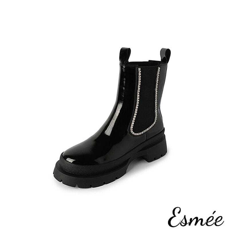 Shoes Esmée | Patent Leather Chelsea Boots With Rhinestone Design Black