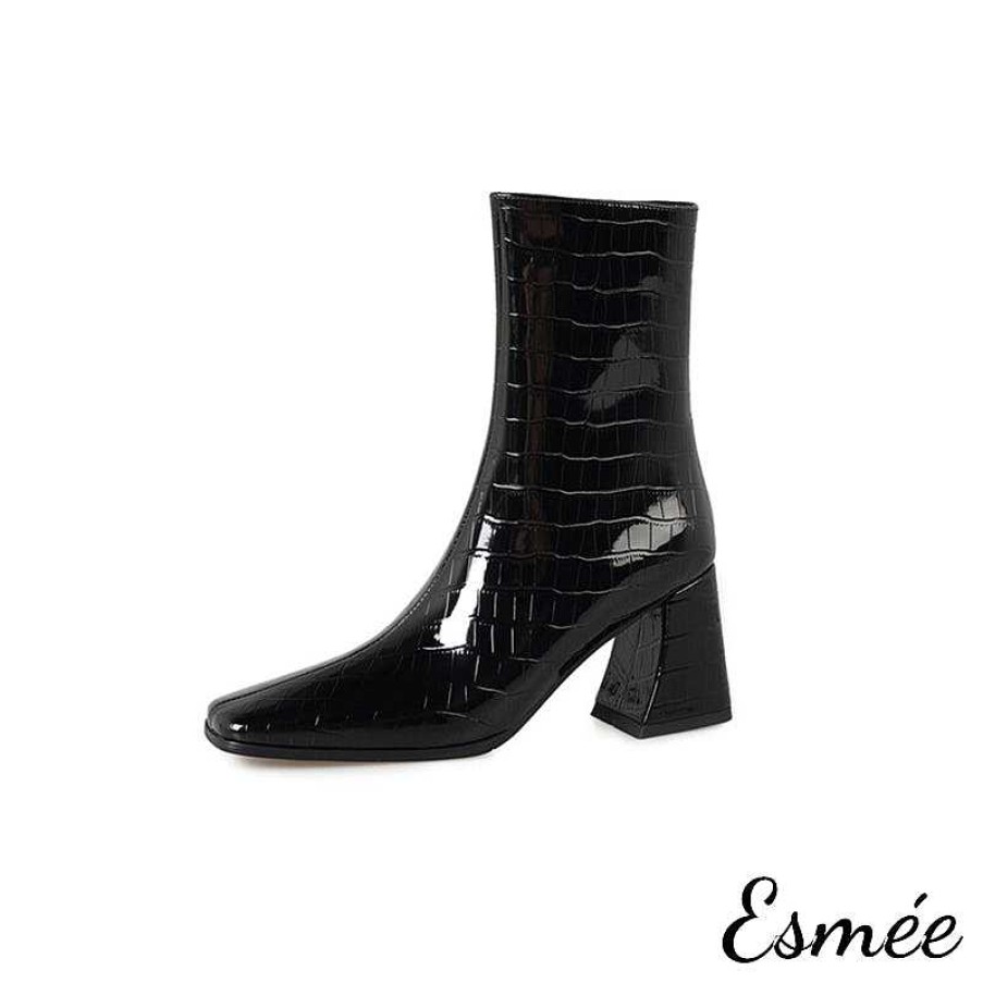 Shoes Esmée | Shiny Leather Ankle Boots With Alligator Pattern Black