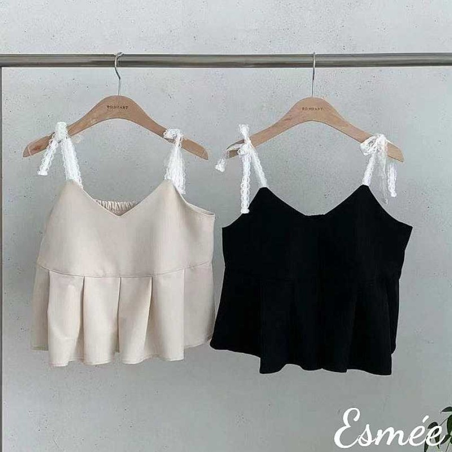 Clothing Esmée | Korean Cotton Pleated Top With Crochet Straps