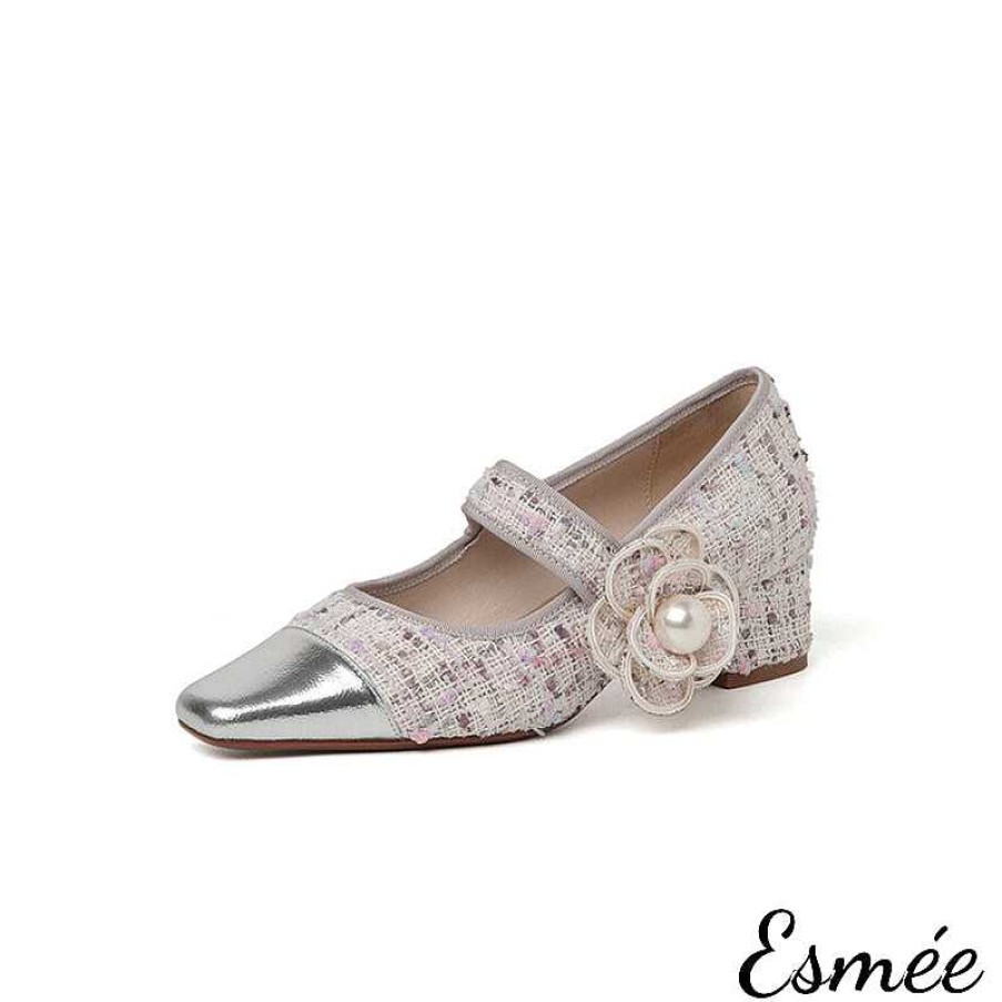 Shoes Esmée | Tweed High Heel Mary Janes With Dual Color Toe Cap And Flower Design